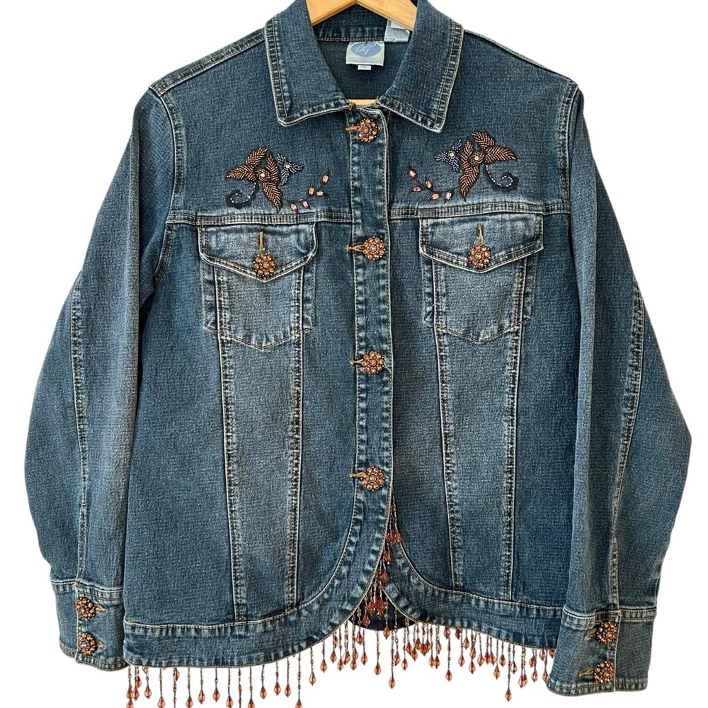 Diane Gilman Women’s Denim Funky Boho Jacket Rhinestone Buttons Beaded Fringe